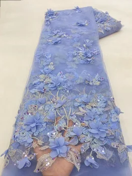 3D White Nuotaka Gėlių Nėrinių Aplikacijos Prabangių prancūzijos Ju Seka Šalies Vestuvių Suknelė Mėlyna Nigerija China Akių Zawalcowany Afrikos Tiulio