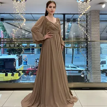 A-Line Grindų Ilgis Prom Dresses V Kaklo Šifono Vakaro Suknelės Saudo Arabijos Moterų Oficialų Suknelė, Vestuvės Naujų Vestuvių