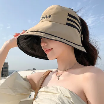 Korėjos Stiliaus Vasaros Skrybėlę Moterų Dryžuotos Raidės Vinilo Saulės Apsauginis Saulės Skrybėlę Paplūdimio Kelionės Platus Kraštų Oro Top Hat Naujas