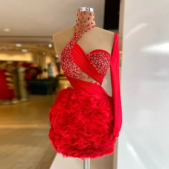 Mados Raudona Aukštos Apykaklės 3D Gėlių Aplikacijos Zawalcowany Undinė vakarinę Suknelę Vieną Petį ilgomis Rankovėmis Tiulio Kokteilių Suknelės 2023