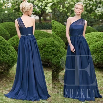 Tamsiai Mėlyna Šifono Vestuvės Suknelės Pamergės Vieną Petį Elegantiškas Ilgas Vestuvių Svečių Suknelė-line Bridesmaid Rūbeliai