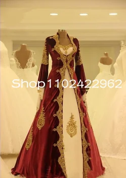 Tuniso Caftan Bordo Aksomo Keltas Suknelės su ilgomis Rankovėmis Aukso Aplikacijos Kaftan Visas Ilgis Dviejų dalių, Vakare Gown